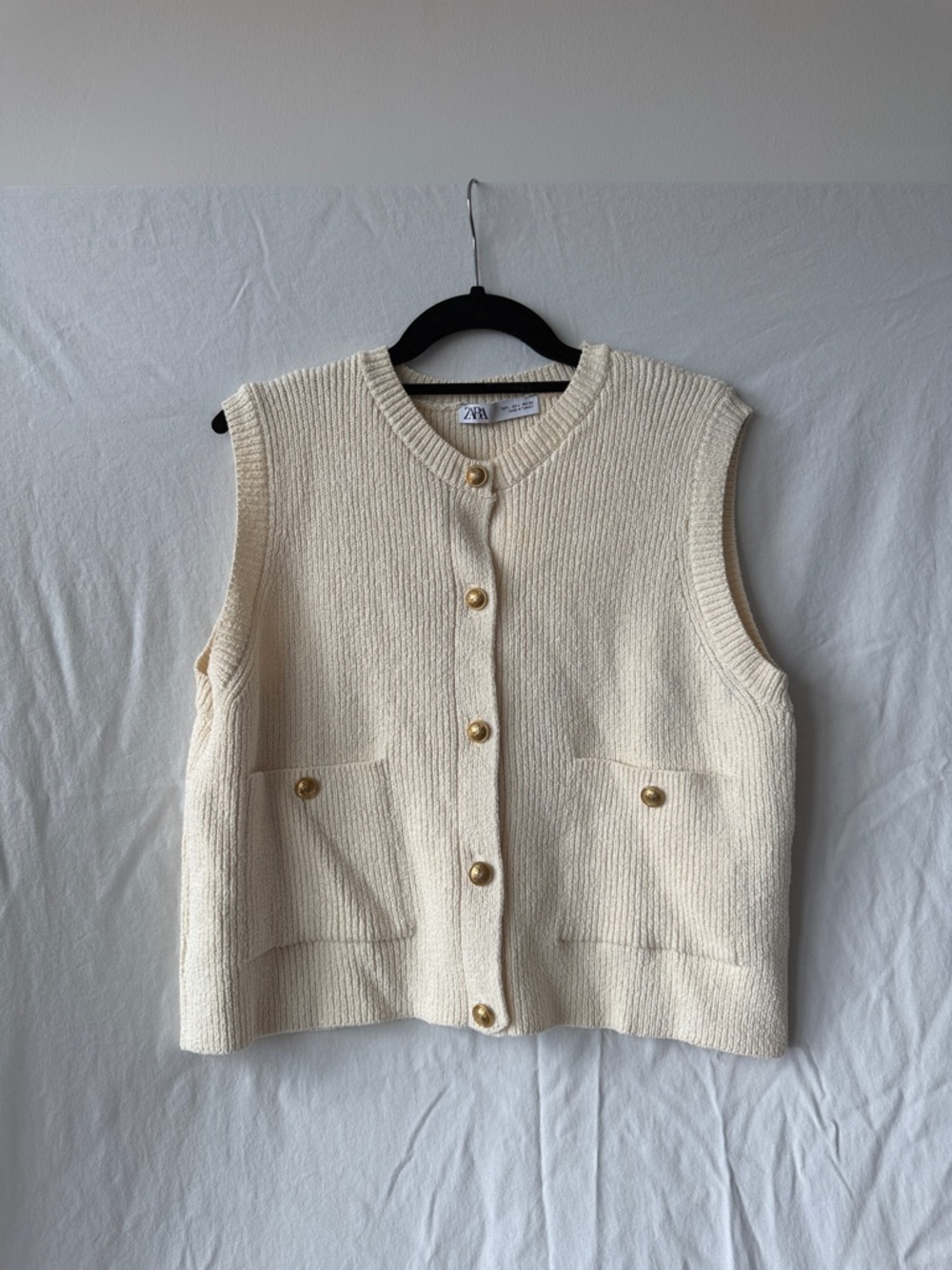 Zara Ivory Knit Button-Up Vest with Gold Buttons